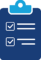 Blue clipboard showing two completed checkboxes with lines of text on a blue background.