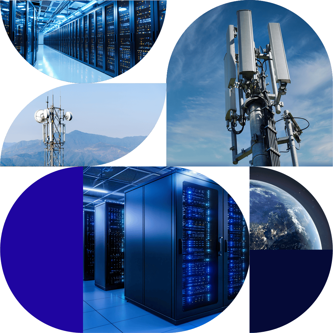 Collage of telecom and data center infrastructure: servers, antennas, and a view of Earth in blue tones.