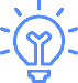 Blue lightbulb icon representing an idea or innovation with surrounding rays of light, symbolizing creativity