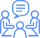 Blue outlined icons show three people seated around a table in a meeting, with a speech bubble indicating discussion.