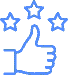 Blue outline thumbs-up icon with three stars, signaling high rating or approval.